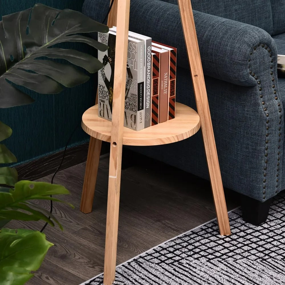 Houten Vloerlamp met Stoffen Kap en Tripod Basis – Staande Lamp met Plank – Modern Design 154 cm voor Woonkamer en Slaapkamer