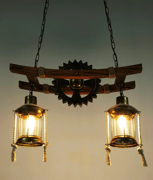 Vintage 2-Lichts Hanglamp – Houten Kroonluchter met Tandwiel Design – Rustieke Industriële Plafondlamp met E27 Fittingen