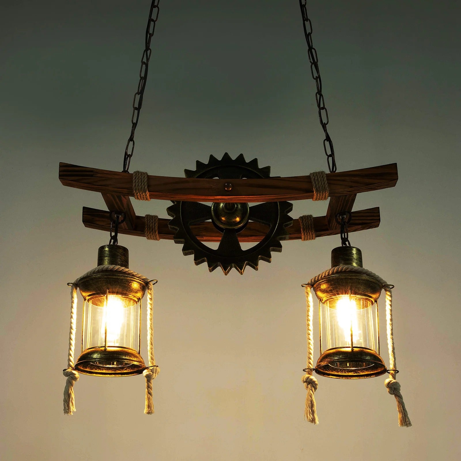 Vintage 2-Lichts Hanglamp – Houten Kroonluchter met Tandwiel Design – Rustieke Industriële Plafondlamp met E27 Fittingen