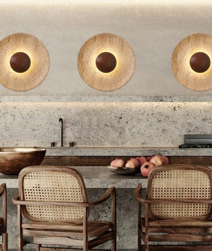 Moderne Natuursteen Wandlamp 25 cm – Sfeervolle Blaker met Donker Houten Basis – Luxe Wandverlichting voor Foyer, Eetkamer en Slaapkamer