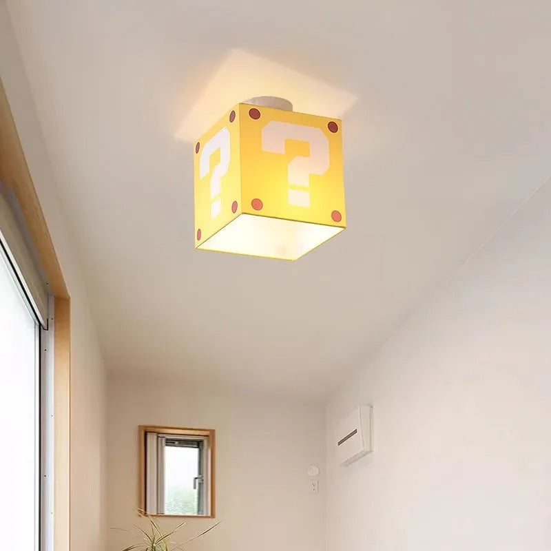 Gele Vraagteken Plafondlamp – Creatieve Kinderkamerlamp van Stof en Smeedijzer – E27 – 3 Lichtkleuren, Optioneel met Afstandsbediening