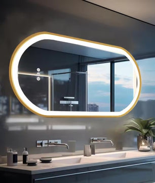 Ovale LED Badkamerspiegel met Gouden Frame – Dimbaar, Anticondens & Touchbediening – Luxe Spiegel met 3 Lichtkleuren en Geheugenfunctie