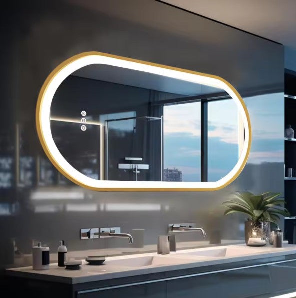 Ovale LED Badkamerspiegel met Gouden Frame – Dimbaar, Anticondens & Touchbediening – Luxe Spiegel met 3 Lichtkleuren en Geheugenfunctie