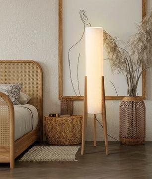 Japanse Wabi-sabi Vloerlamp van Massief Hout – Retro Staande Lamp met Stoffen Kap – Sfeervolle Hoeklamp voor Woonkamer en Slaapkamer
