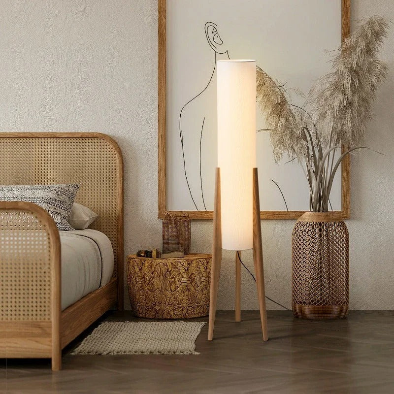 Japanse Wabi-sabi Vloerlamp van Massief Hout – Retro Staande Lamp met Stoffen Kap – Sfeervolle Hoeklamp voor Woonkamer en Slaapkamer