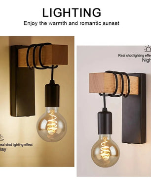 Retro Industriële Houten Wandlamp – Verstelbare E27 Wandverlichting van Hout en IJzer voor Woonkamer en Slaapkamer