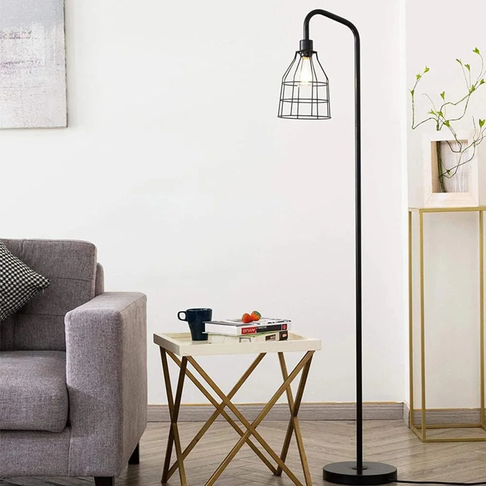 Industriële Vloerlamp Zwart Metaal – Staande Lamp met Druppelvormige Kooikap – E27 Industriële Sfeerverlichting voor Woonkamer en Slaapkamer