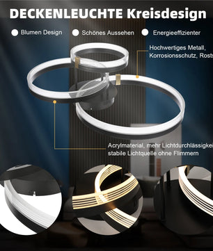 Moderne LED Plafondlamp – 3-Ring Design – 42W Dimbaar 3000K–6500K met Afstandsbediening – Zwarte Design Plafondverlichting voor Woonkamer en Slaapkamer