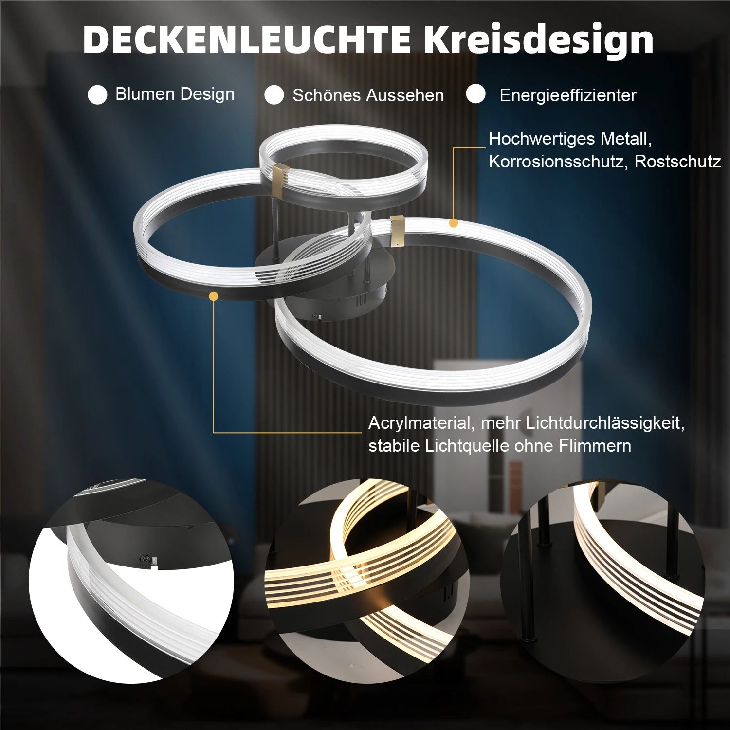 Moderne LED Plafondlamp – 3-Ring Design – 42W Dimbaar 3000K–6500K met Afstandsbediening – Zwarte Design Plafondverlichting voor Woonkamer en Slaapkamer