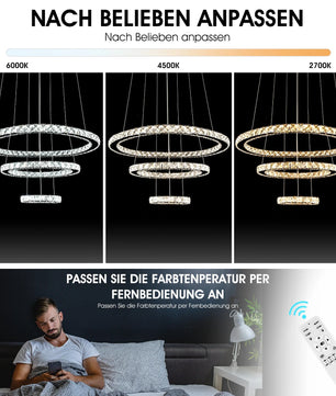 Moderne Kristallen LED Hanglamp – 3 Ringen Ø60+40+20 cm – 60W Dimbaar en In Hoogte Verstelbaar met Afstandsbediening voor Woonkamer en Eetkamer
