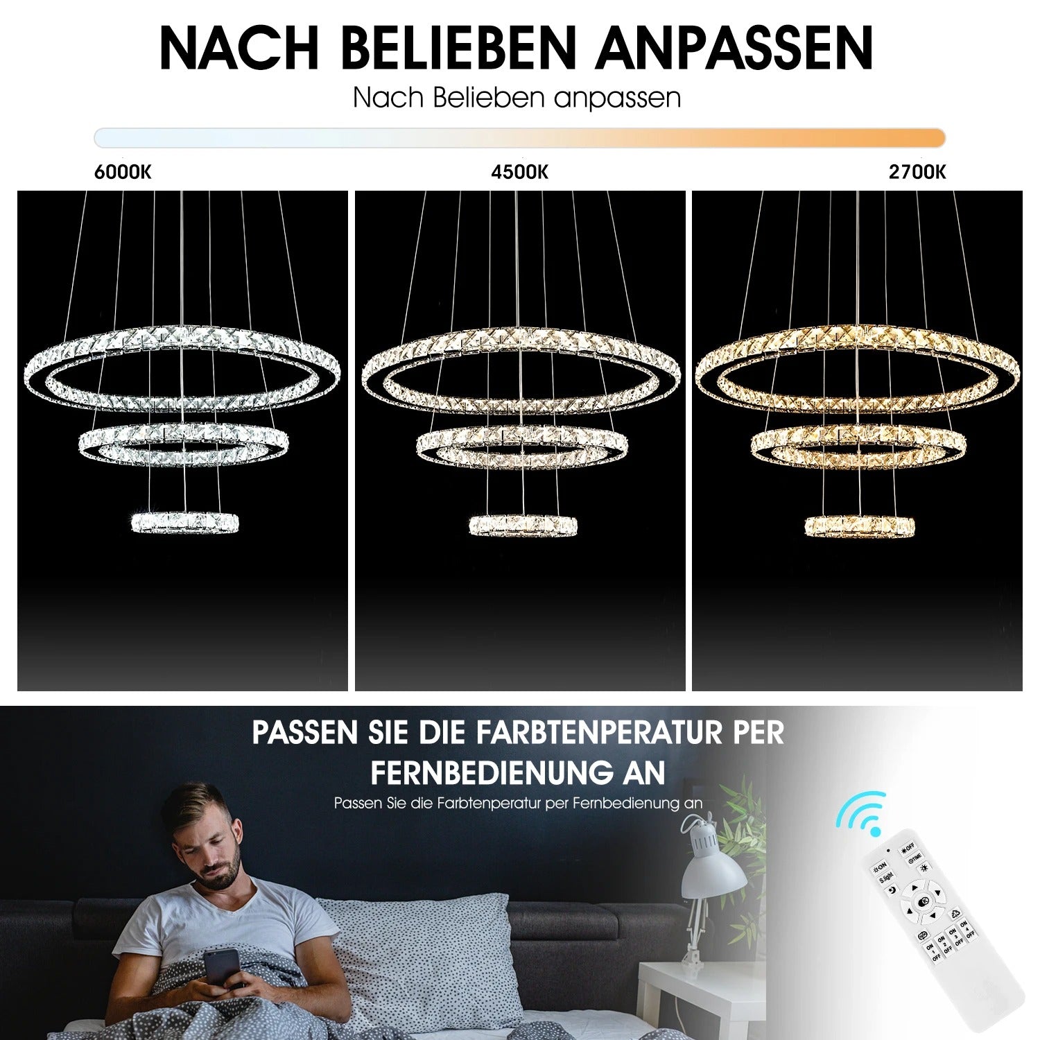 Moderne Kristallen LED Hanglamp – 3 Ringen Ø60+40+20 cm – 60W Dimbaar en In Hoogte Verstelbaar met Afstandsbediening voor Woonkamer en Eetkamer