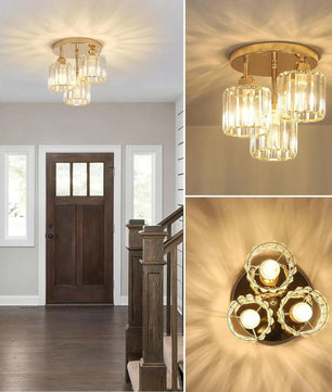 Moderne Gouden Plafondlamp – 3-Lichts Semi-Inbouw met Kristalglas voor Keuken en Woonkamer