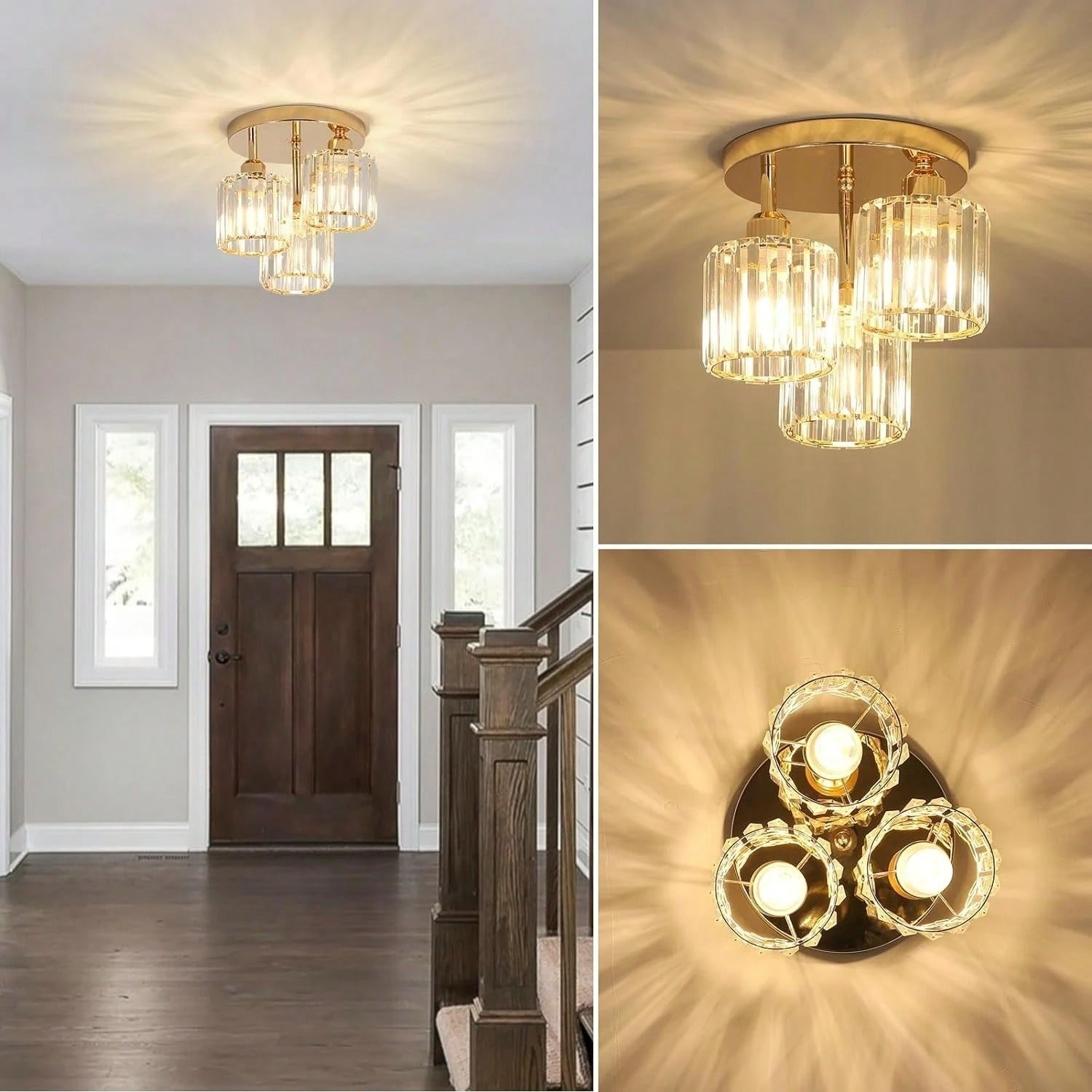 Moderne Gouden Plafondlamp – 3-Lichts Semi-Inbouw met Kristalglas voor Keuken en Woonkamer