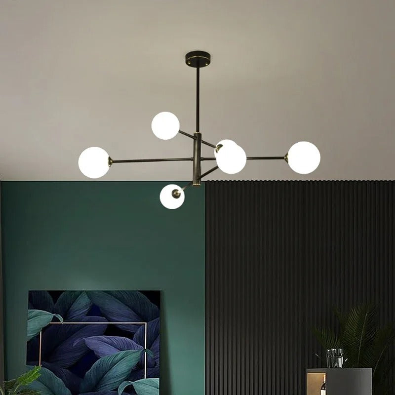 Moderne Glazen Bal Kroonluchter – Zwart Gouden LED Plafondlamp van Metaal en Mat Glas – Luxe Design voor Woonkamer, Eetkamer en Slaapkamer
