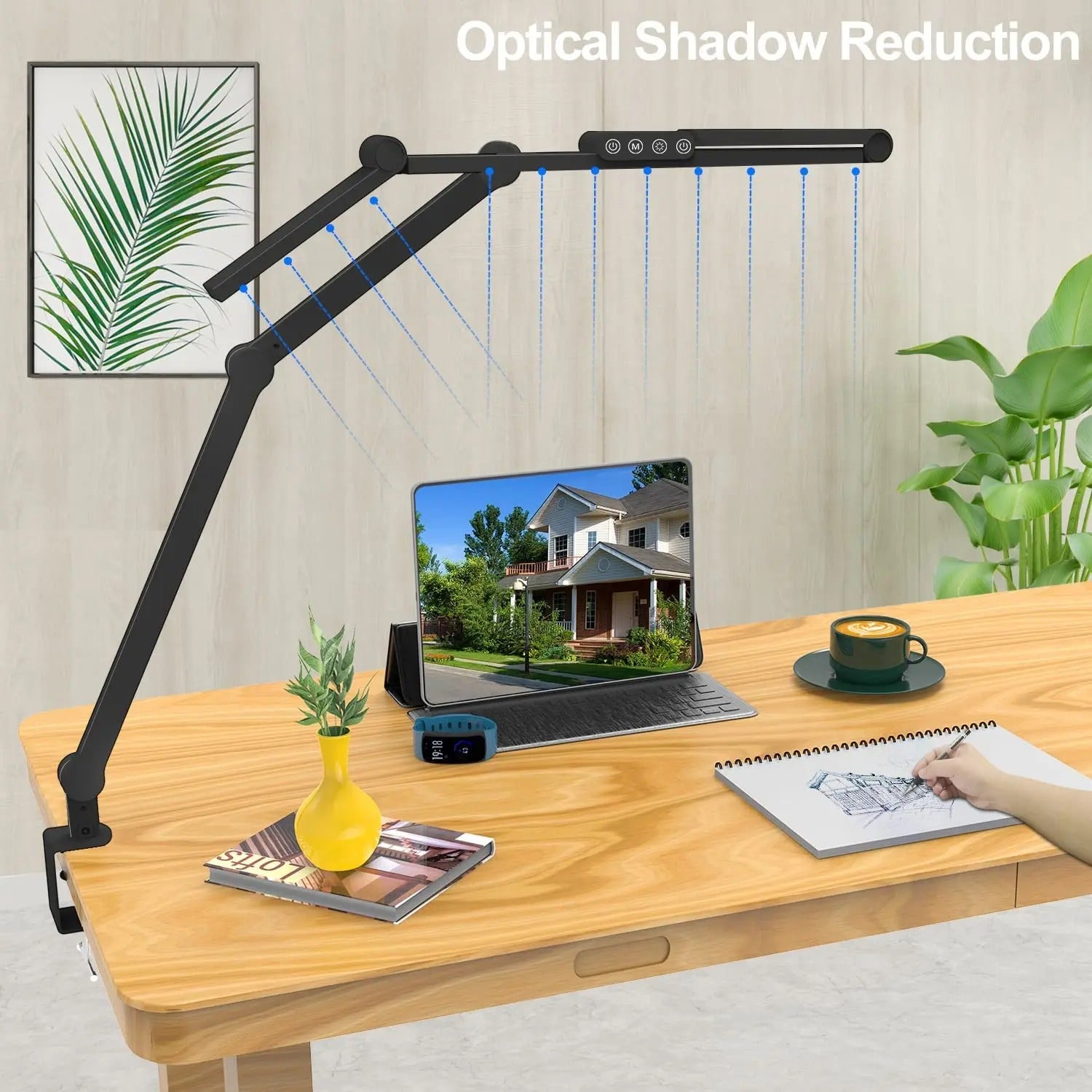LED Bureaulamp met Klem – 24W Architect Tafellamp met 7 Gewrichten – Automatisch Dimmen, Asymmetrisch Licht en CRI>90