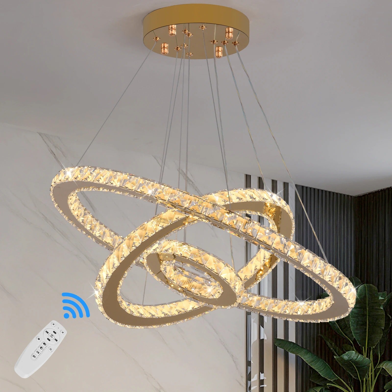 Luxe Kristallen LED Hanglamp – Moderne Kroonluchter van Kristal en RVS met Afstandsbediening – Instelbare Lichtkleur voor Woonkamer en Eetkamer