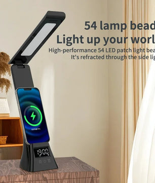 Multifunctionele LED Bureaulamp – Dimbaar met Draadloze Oplader, USB-Poort en Digitale Klok – 3 Lichtkleuren