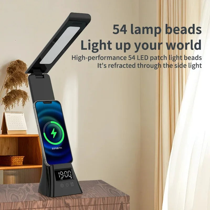 Multifunctionele LED Bureaulamp – Dimbaar met Draadloze Oplader, USB-Poort en Digitale Klok – 3 Lichtkleuren