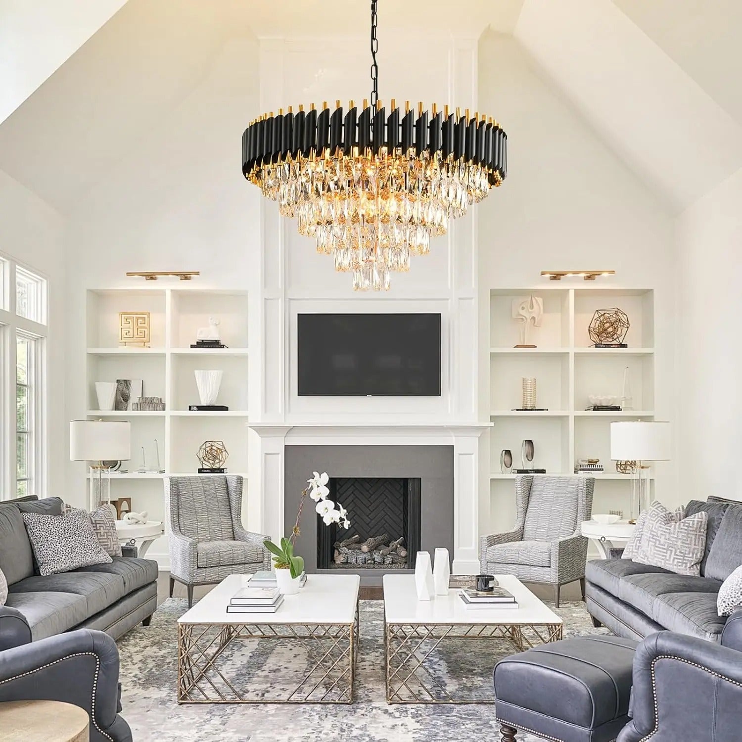 Moderne Kristallen Kroonluchter – 6-Laags Ronde Hanglamp in Zwart en Goud met K9 Kristallen