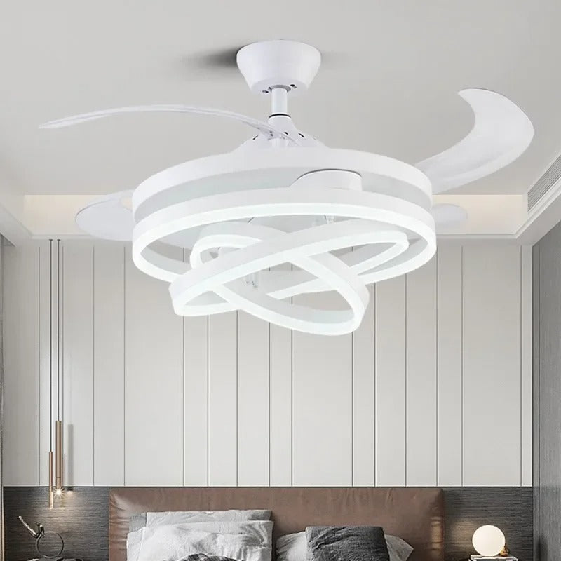 Nordic LED Plafondventilator 42 inch – Moderne Ventilatorlamp met Intrekbare Bladen, Kristalafwerking en Afstandsbediening – Stil en Dimbaar voor Woonkamer en Slaapkamer