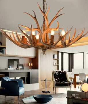 Vintage Gewei Kroonluchter – Retro Plafondlamp met 6× E14 Fittingen en Verstelbare Ophanging