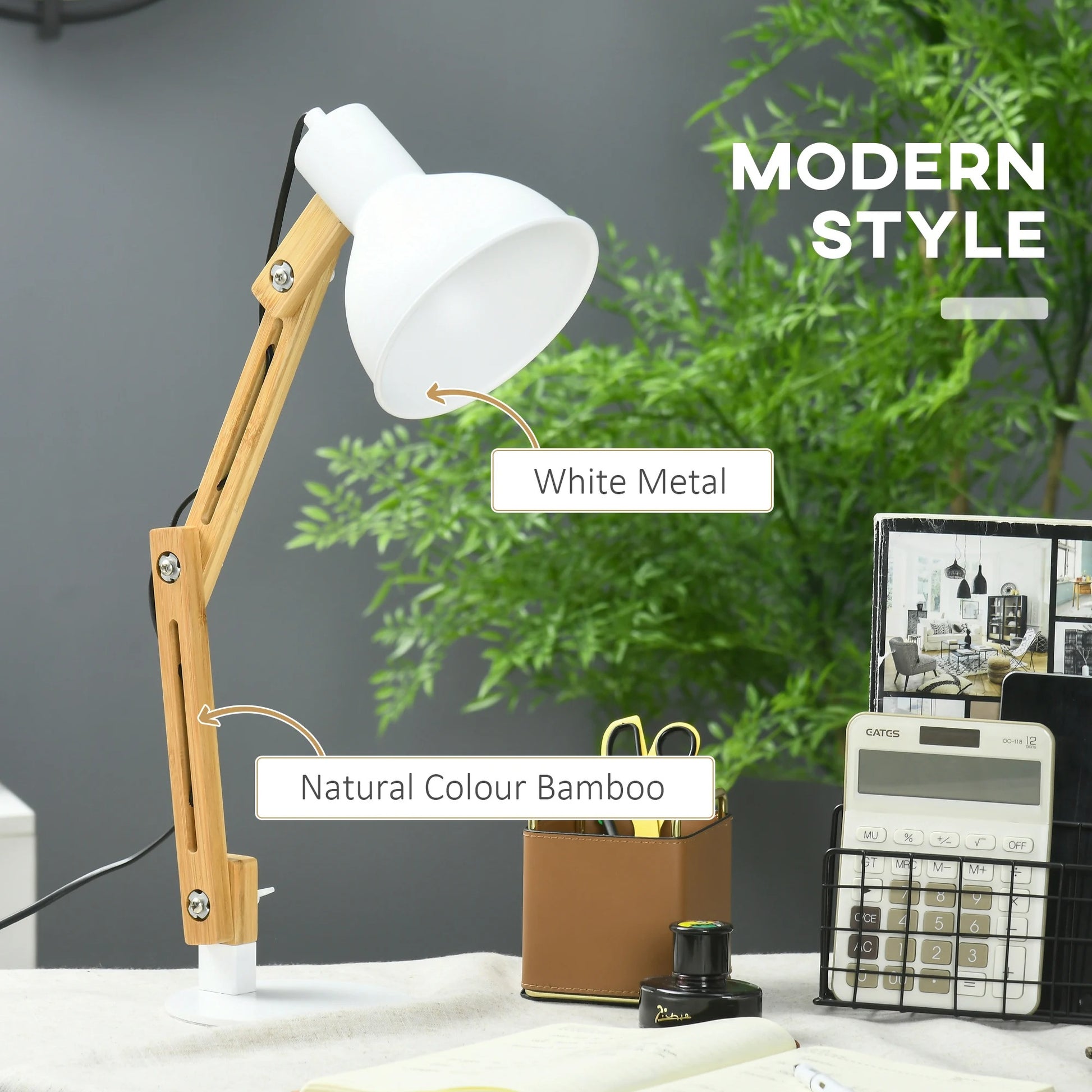 Verstelbare Bureaulamp met Klembasis – Leeslamp met Zwenkarm, Bamboe Design en E27 Fitting