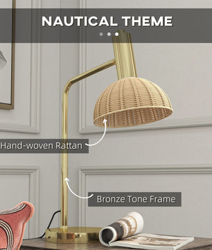 Tafellamp met Rotan Kap – Sfeervolle Nachtlamp met E14 Fitting, Warm LED Licht en Bronzen Frame