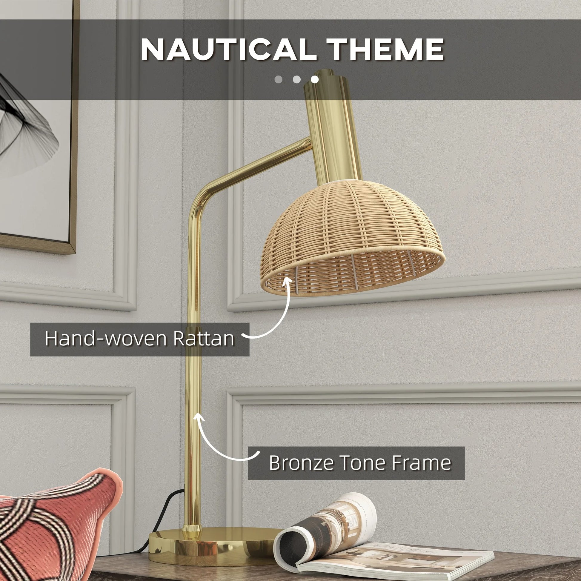 Tafellamp met Rotan Kap – Sfeervolle Nachtlamp met E14 Fitting, Warm LED Licht en Bronzen Frame