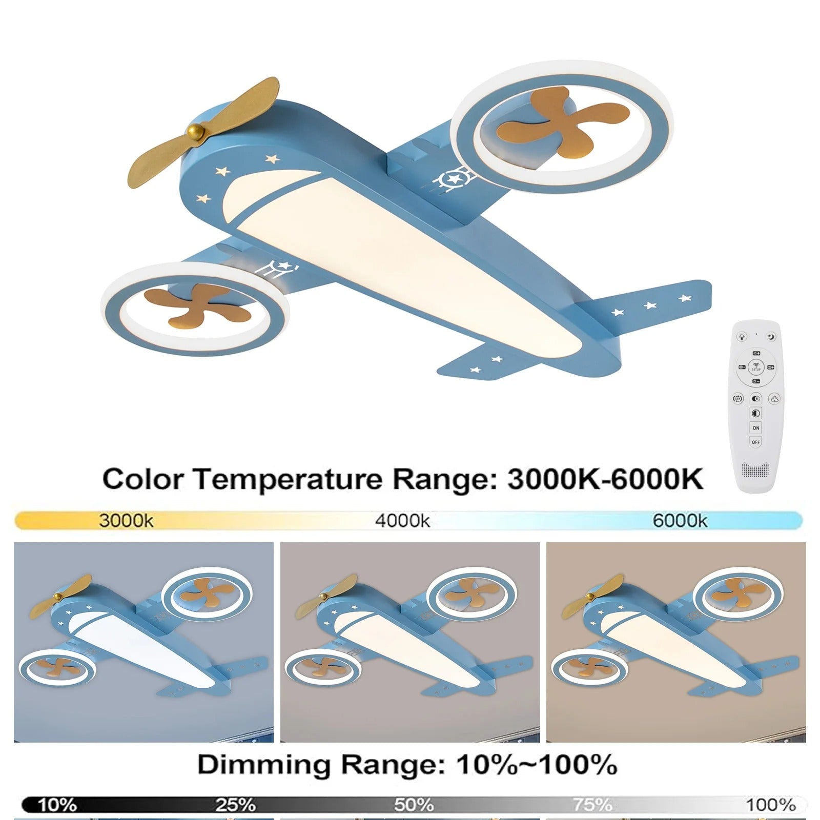 Vliegtuig LED Plafondlamp 60W – Kinderkamer Designlamp met Afstandsbediening – Dimbaar 3000K–6000K – Geheugenfunctie