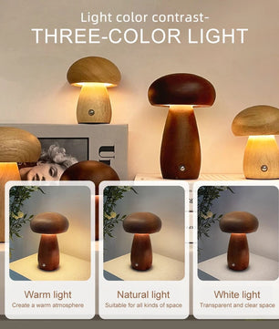 Houten Paddenstoel Nachtlampje – Oplaadbare Touch LED Tafellamp met Traploos Dimmen en 3 Lichtkleuren