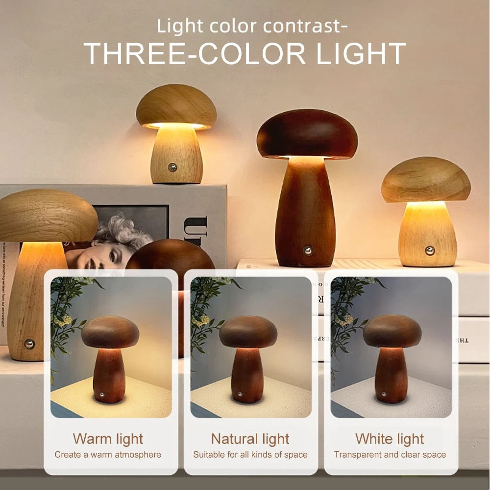 Houten Paddenstoel Nachtlampje – Oplaadbare Touch LED Tafellamp met Traploos Dimmen en 3 Lichtkleuren