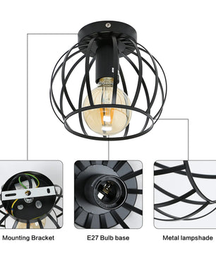 Vintage Industriële Plafondlamp – Zwarte Semi-Inbouw Kooi Lamp met E27 Fitting