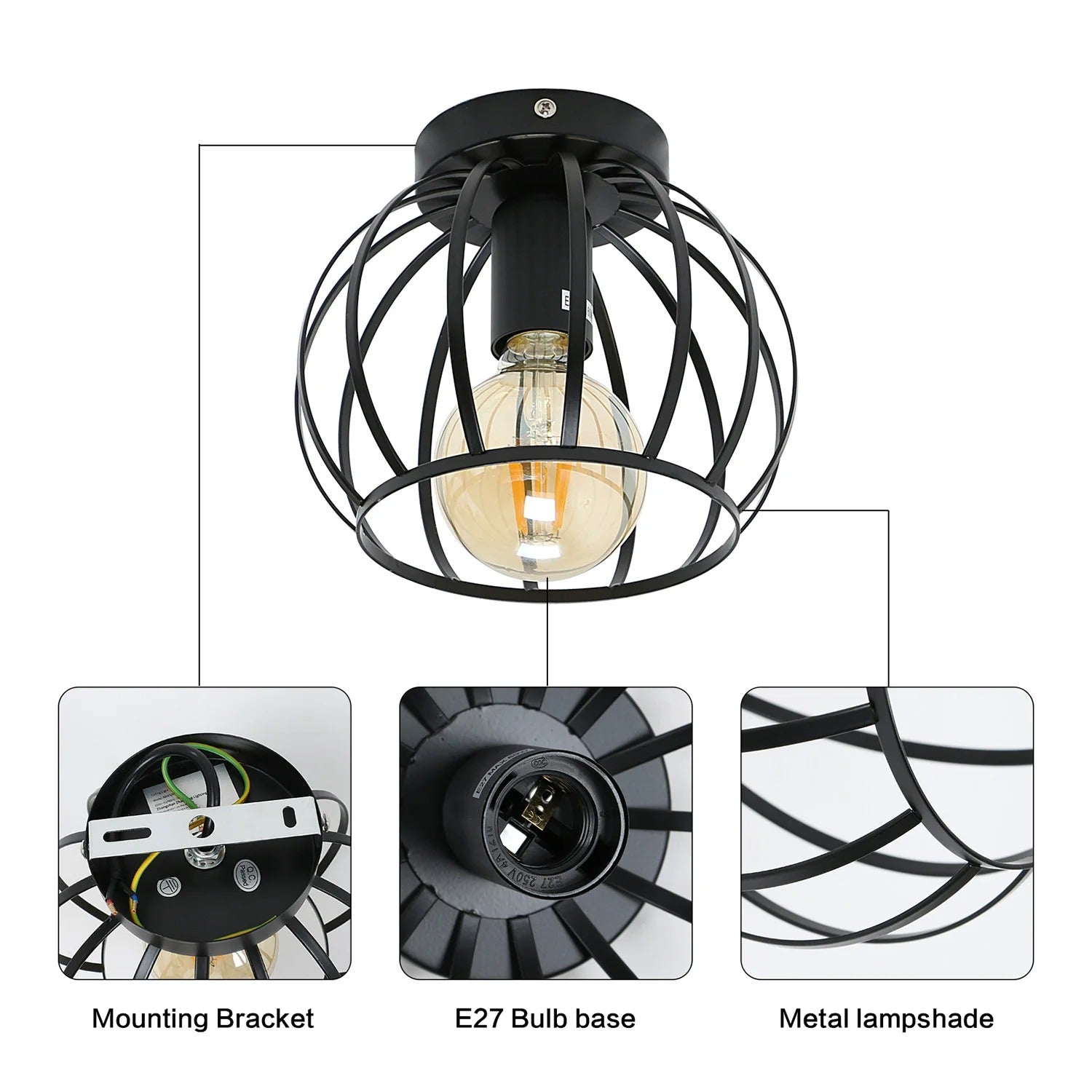Vintage Industriële Plafondlamp – Zwarte Semi-Inbouw Kooi Lamp met E27 Fitting