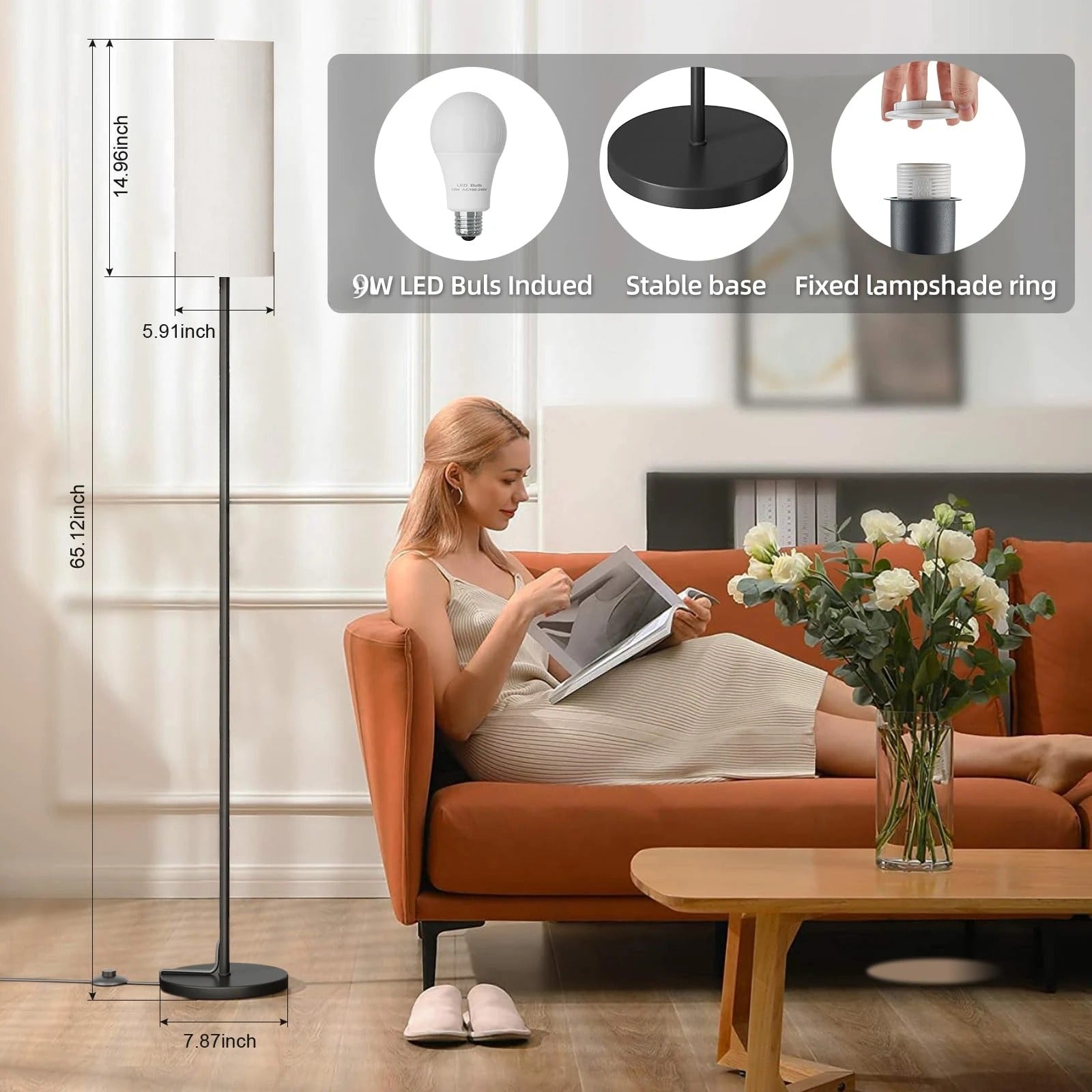 Moderne Vloerlamp met Lampenkap – Hoge Staande Lamp met Dimbare 9W LED en Voetschakelaar – Minimalistische Verlichting voor Woonkamer en Slaapkamer
