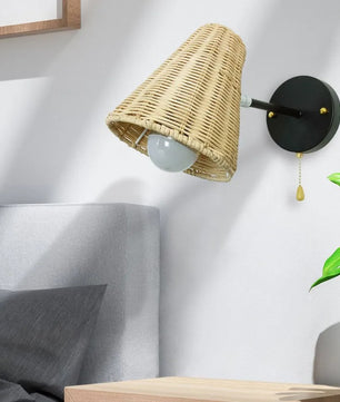 Retro Rotan Wandlamp – Handgeweven Bohemian Wandverlichting met Schakelaar en LED