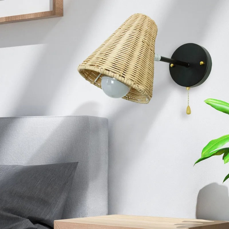Retro Rotan Wandlamp – Handgeweven Bohemian Wandverlichting met Schakelaar en LED
