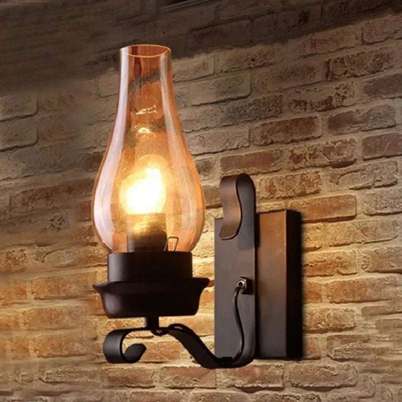 Retro Industriële Wandlamp van IJzer en Glas – Vintage Kerosine Stijl Wandlamp met E27 Fitting voor Café, Hotel, Slaapkamer en Loft