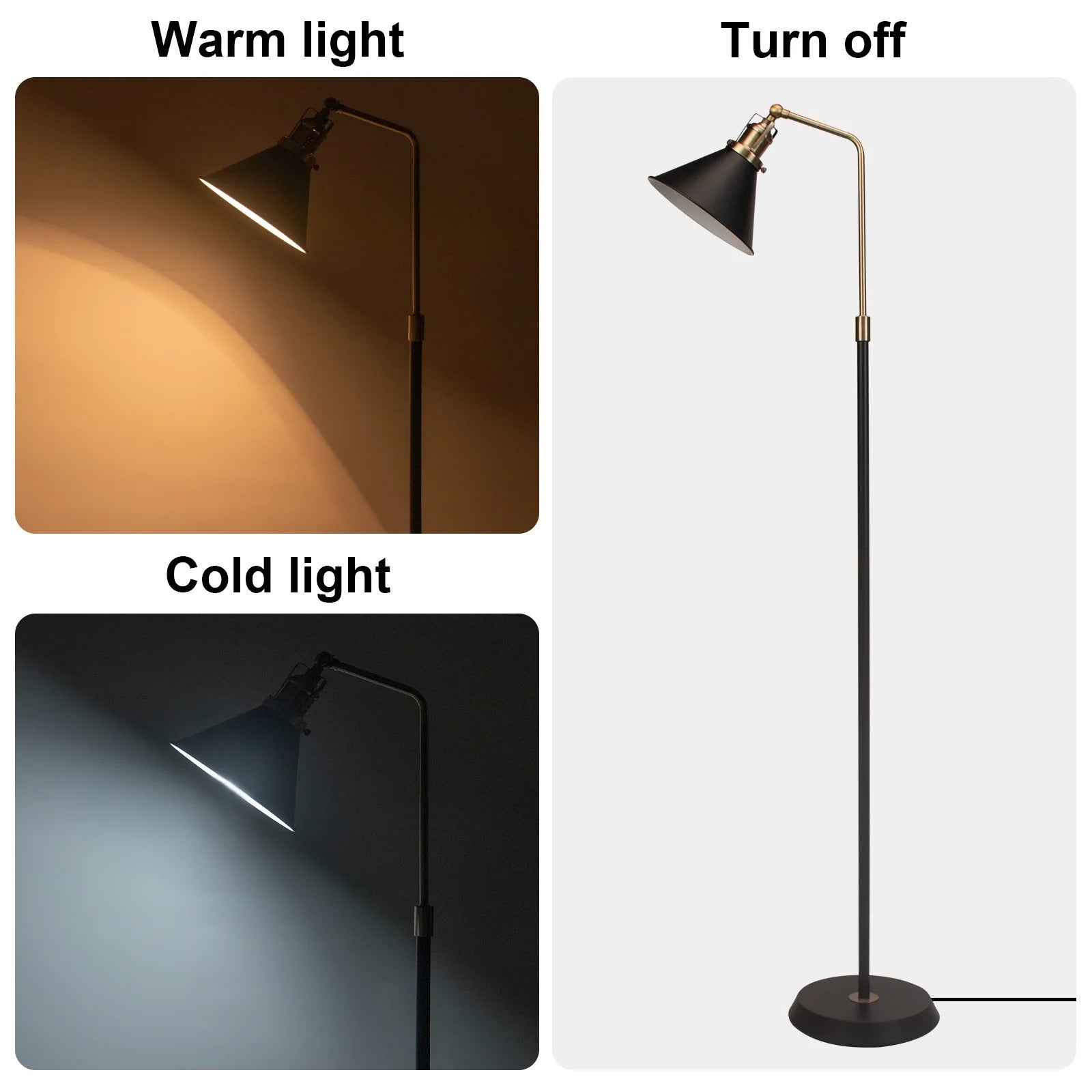 Industriële Vloerlamp Zwart met Goud – Vintage Staande Lamp met Draaibare Kop – E27 Verlichting voor Woonkamer en Leeshoek