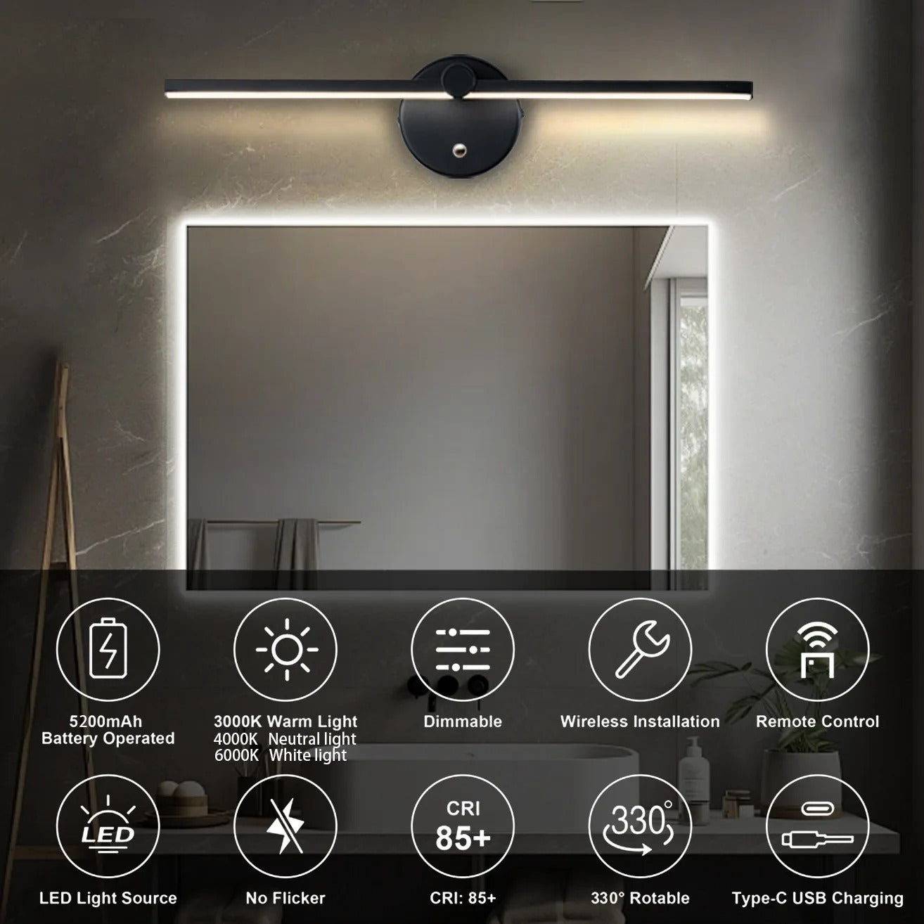 Dimbare LED Wandlamp met Afstandsbediening – Driekleurige Roterende Wandlamp op Batterijen – Moderne Leeslamp voor Slaapkamer, Woonkamer en Spiegel