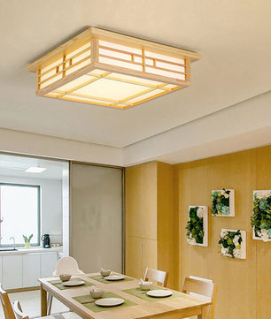 Plafondlamp met Grenenhout en PVC Kap – Vierkant Design – 16W LED Warm Wit 3500K voor Woonkamer, Slaapkamer en Eetkamer