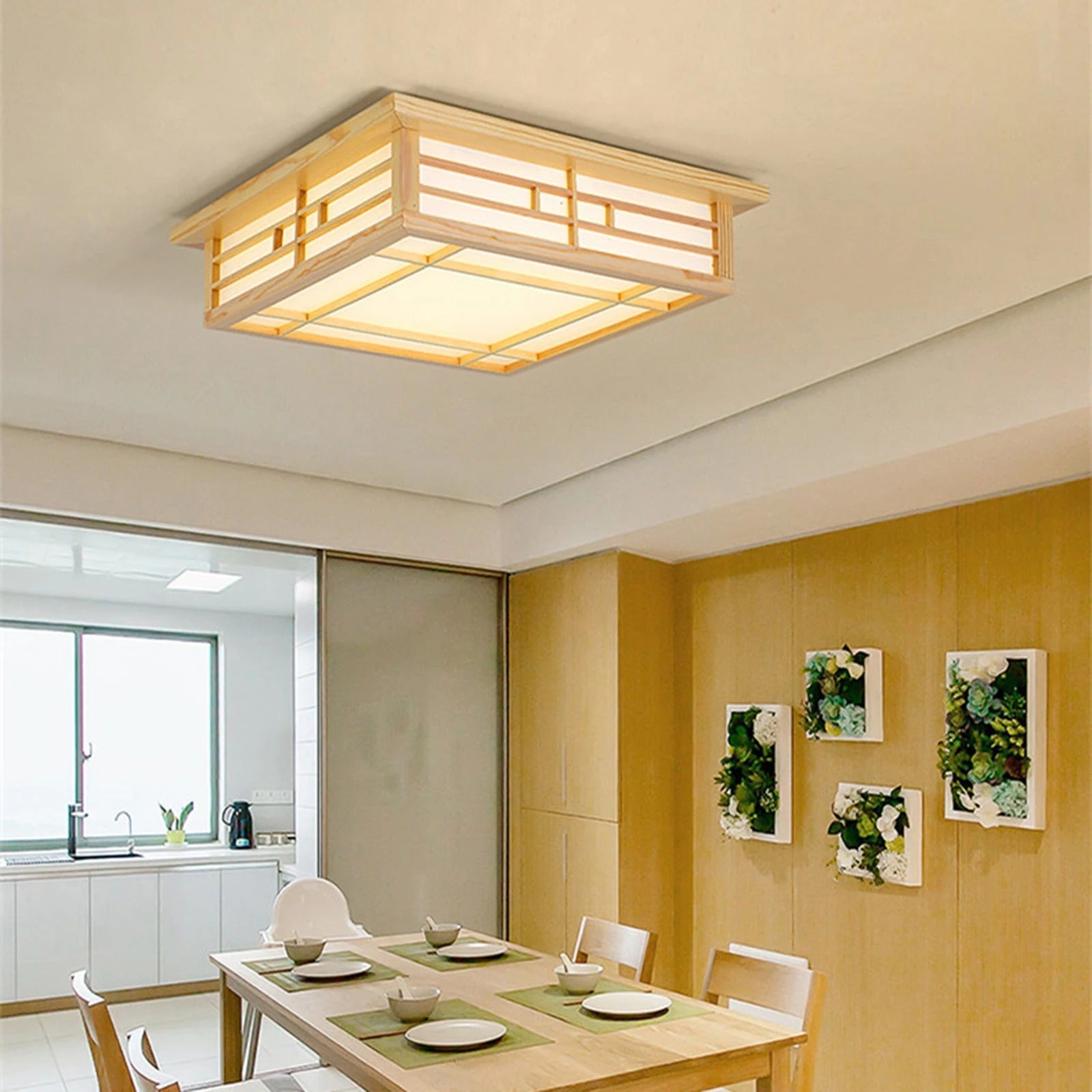 Plafondlamp met Grenenhout en PVC Kap – Vierkant Design – 16W LED Warm Wit 3500K voor Woonkamer, Slaapkamer en Eetkamer