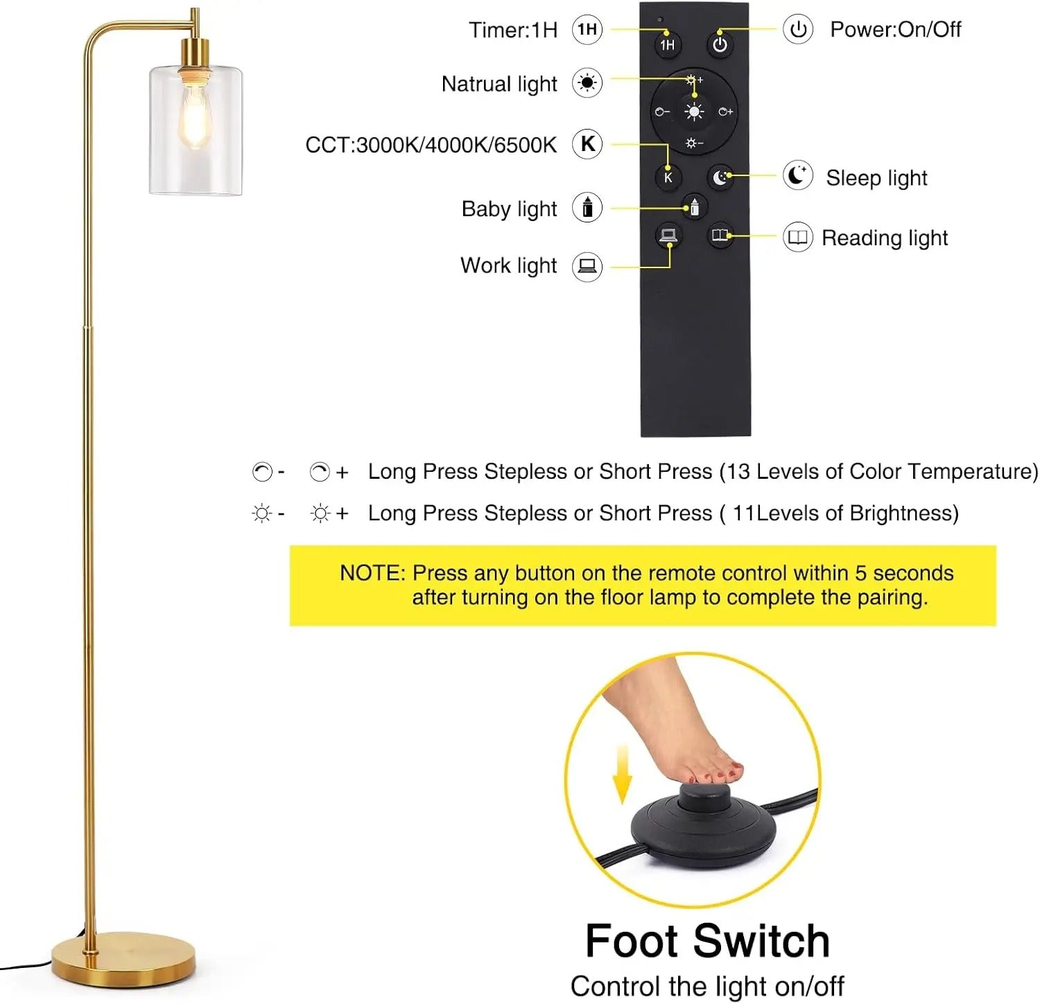 Moderne Industriële Vloerlamp met Glazen Kap – Dimbare LED Staande Lamp E27 met Afstandsbediening en Voetschakelaar – Sfeerverlichting voor Woonkamer en Slaapkamer