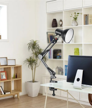 Flexibele Bureaulamp met Zwenkarm en Tafelklem – Zwarte Metalen Werklamp met E27/E26 Fitting voor Kantoor en Studio