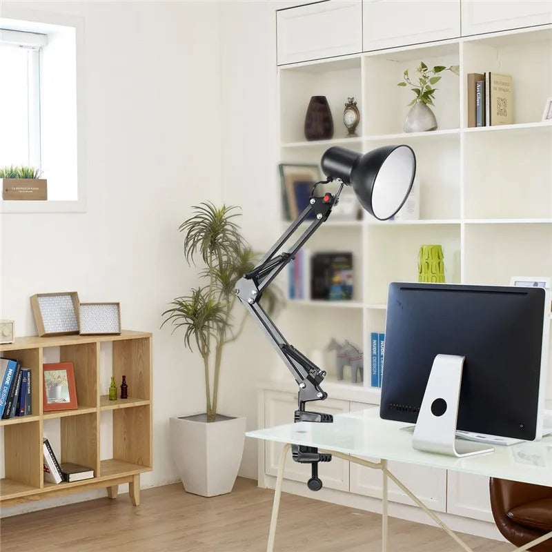 Flexibele Bureaulamp met Zwenkarm en Tafelklem – Zwarte Metalen Werklamp met E27/E26 Fitting voor Kantoor en Studio
