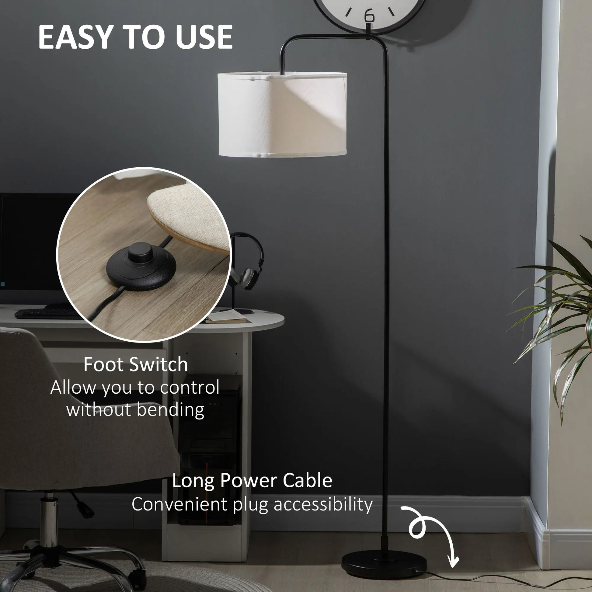 Vloerlamp met Linnen Kap – Moderne Gebogen Staande Lamp E27 – Sfeerverlichting voor Woonkamer en Leeshoek (163,5 cm)