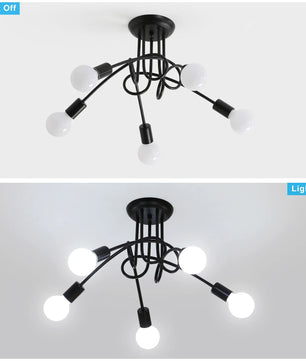 Moderne Zwarte Spoetnik Kroonluchter – 5-Lichts Plafondlamp met E27 Fittingen in Mid-Century Stijl