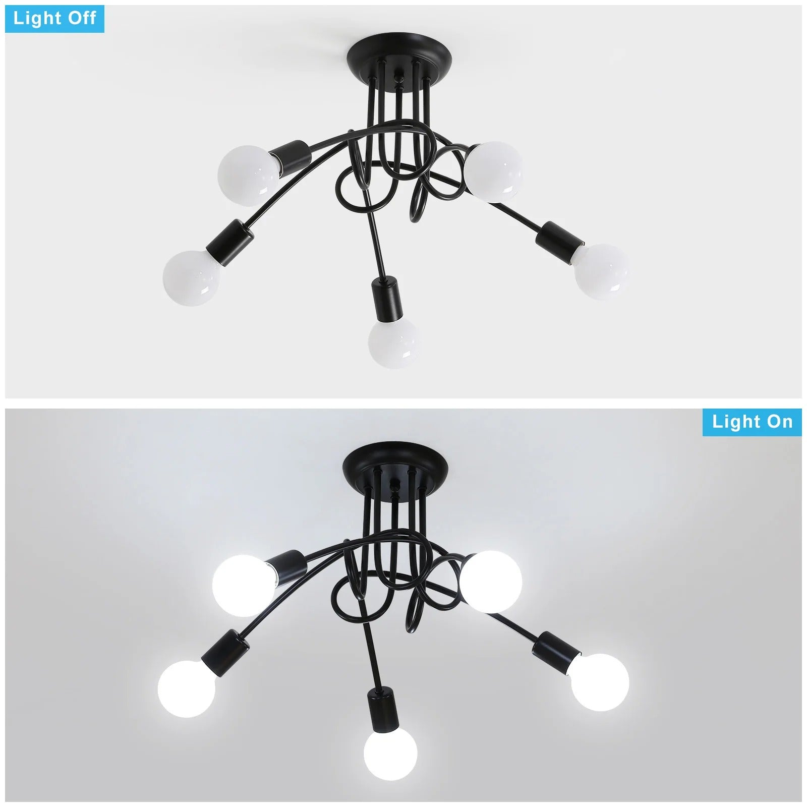 Moderne Zwarte Spoetnik Kroonluchter – 5-Lichts Plafondlamp met E27 Fittingen in Mid-Century Stijl