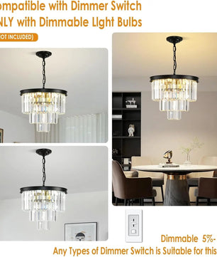 Moderne Zwarte Kristallen Kroonluchter – 3-Laags Ronde Hanglamp met Verstelbare Ketting en E14 Fitting