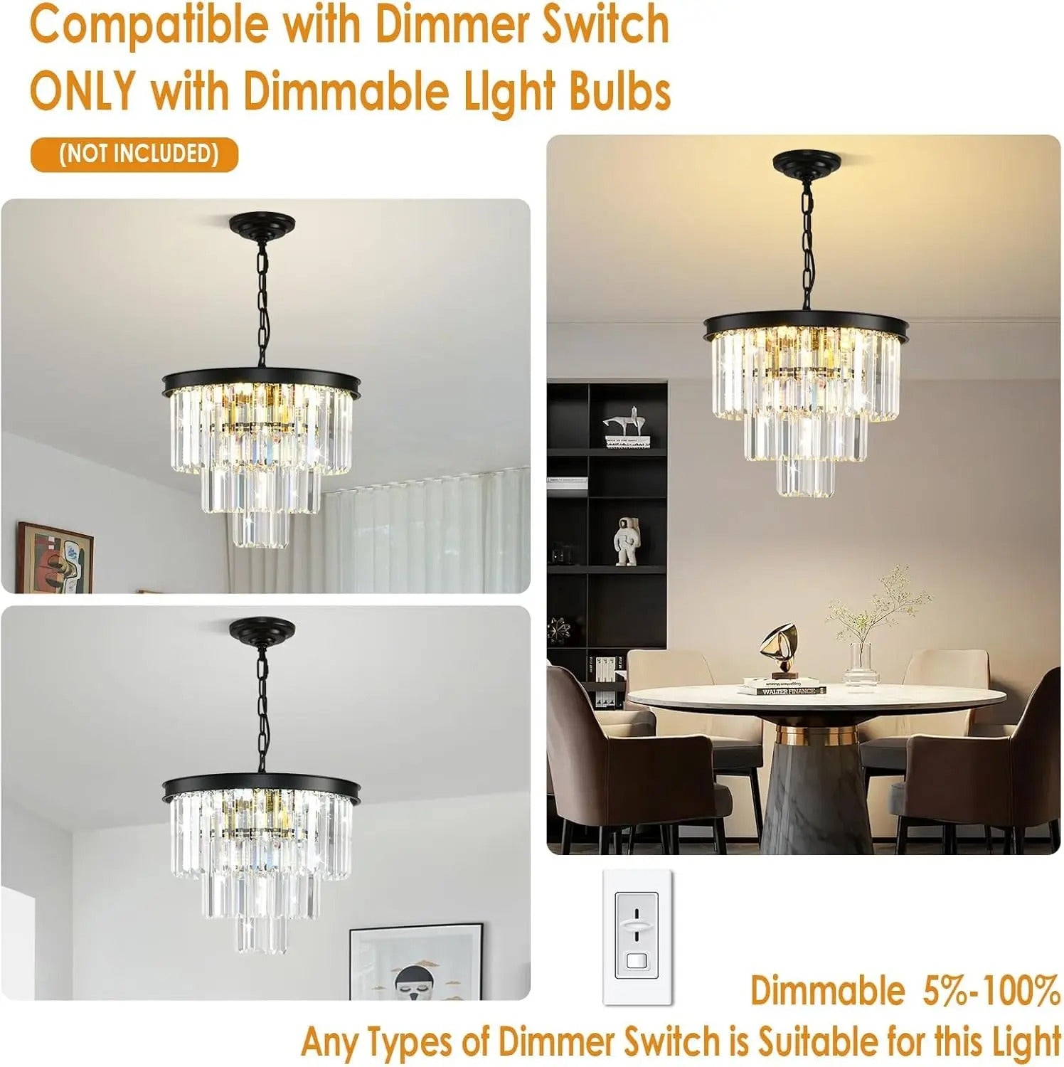 Moderne Zwarte Kristallen Kroonluchter – 3-Laags Ronde Hanglamp met Verstelbare Ketting en E14 Fitting