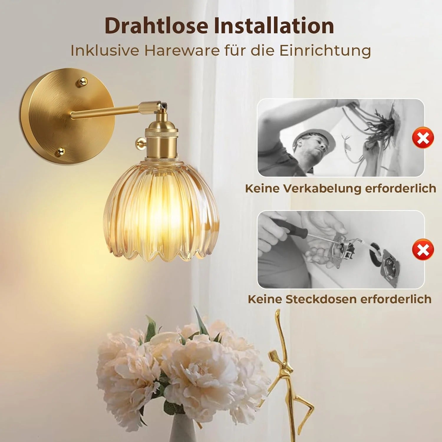 Vintage Glazen Wandlamp – Draadloos en Oplaadbaar met RGB LED – Decoratieve Wandverlichting met Afstandsbediening voor Woonkamer en Slaapkamer